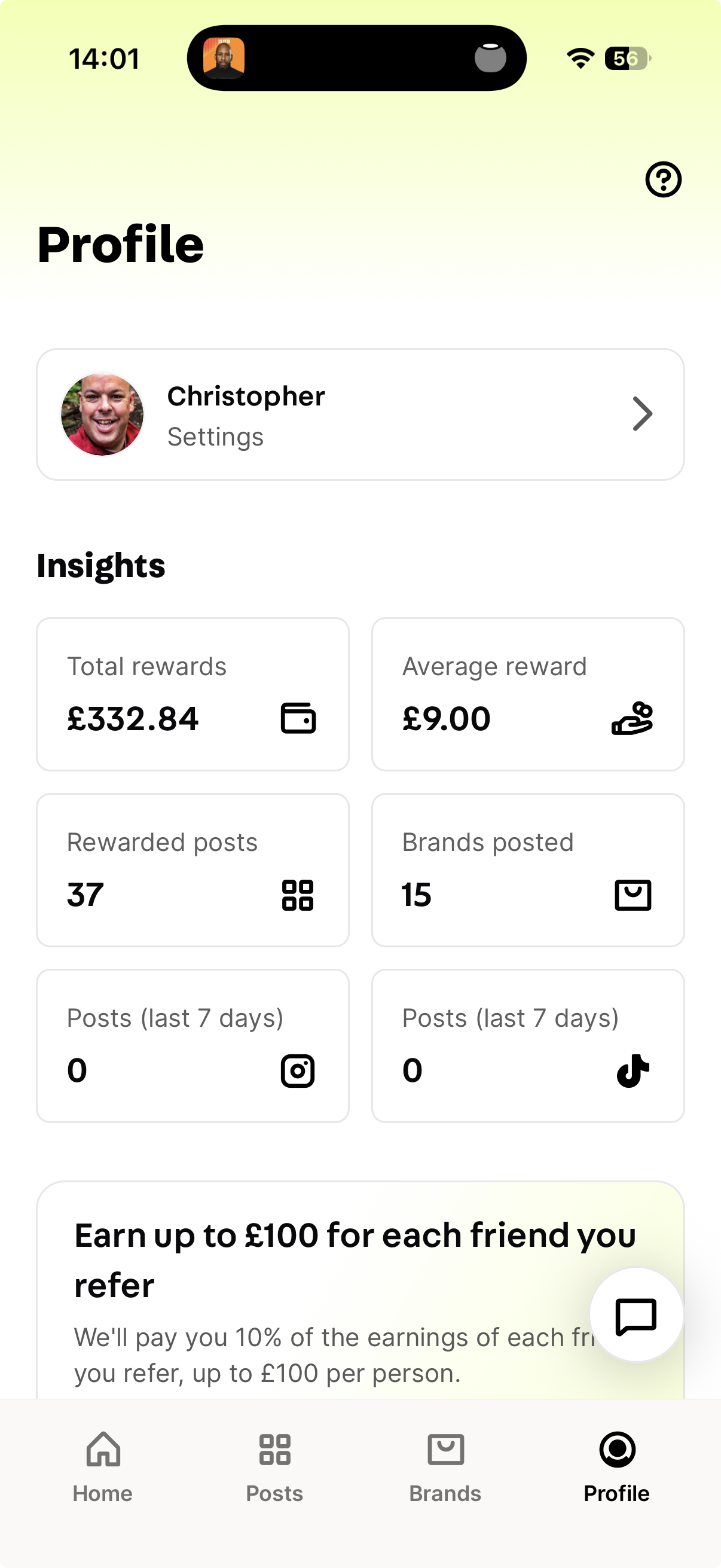 Social Tip app profile showing £332.84 total rewards from 37 rewarded posts and a £9 average reward