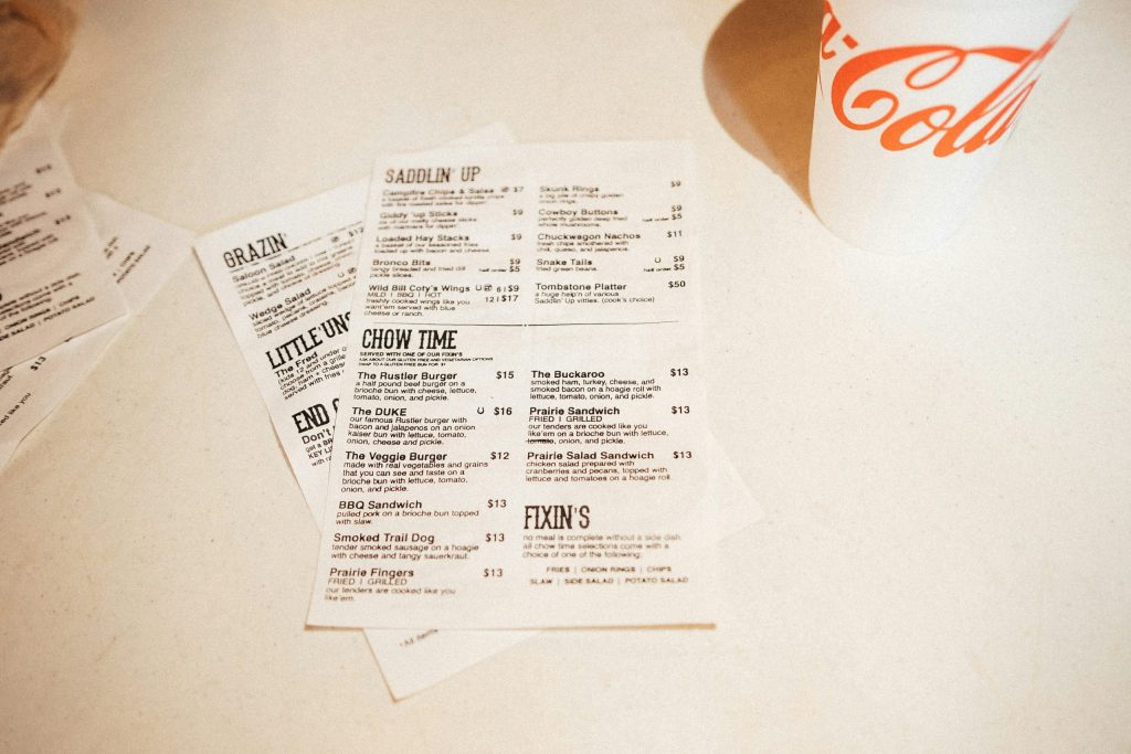 Restaurant menu demonstrating clear food blog typography and brand text