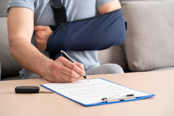 Injured driver signing insurance documents after a car accident