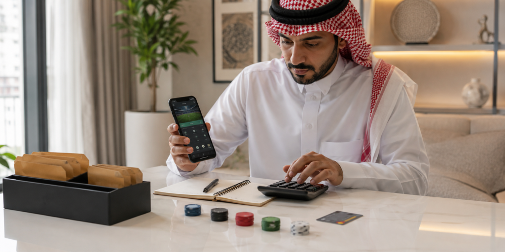 Man using a smartphone and calculator to control betting expenses