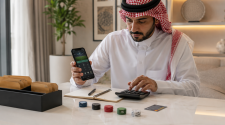 Man using a smartphone and calculator to control betting expenses