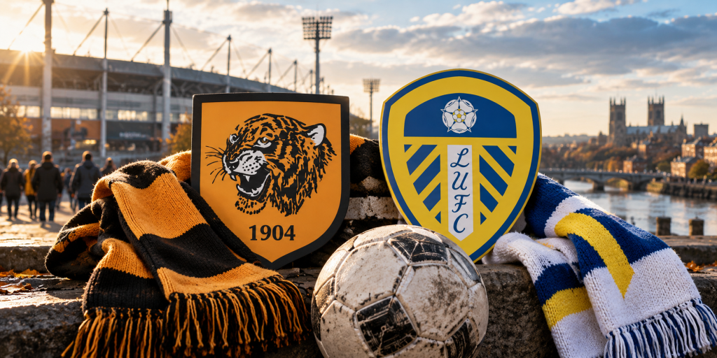 The emblems of two football clubs and a ball in front of the stadium