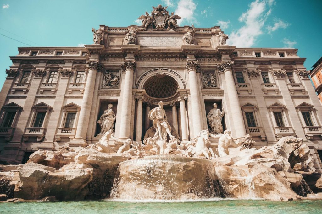 Trevi Fountain in Rome, Italy, with ornate statues and turquoise water
