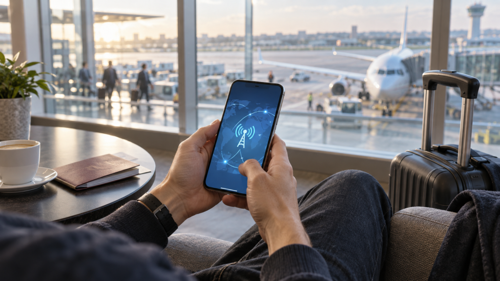 Traveller using a smartphone for international eSIM connectivity in an airport lounge