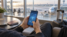 Traveller using a smartphone for international eSIM connectivity in an airport lounge