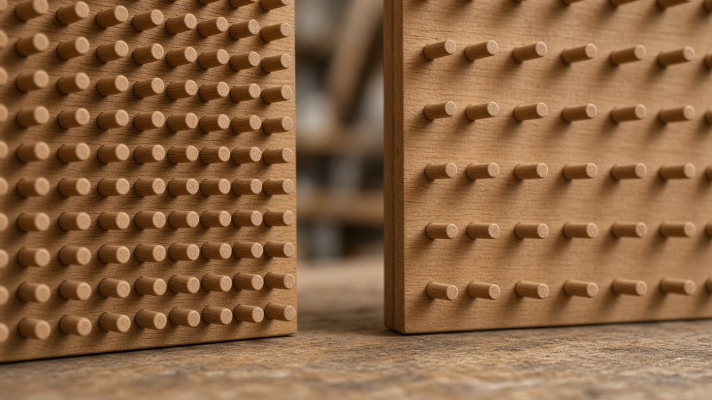 Close-up of wooden pegs illustrating Plinko probability and randomness