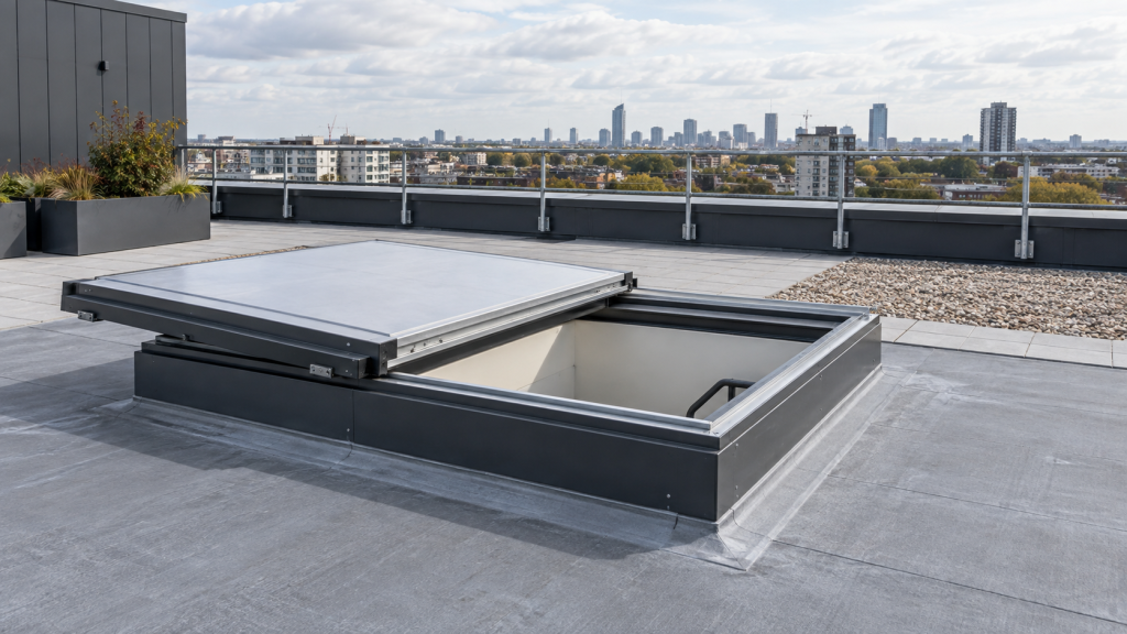 Open sliding roof access hatch on a commercial roof terrace
