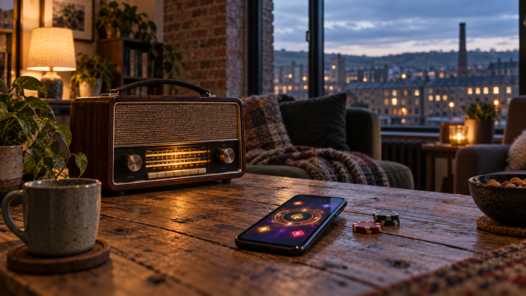 Vintage radio beside an online casino game in a Yorkshire apartment at dusk