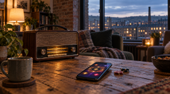 Vintage radio beside an online casino game in a Yorkshire apartment at dusk