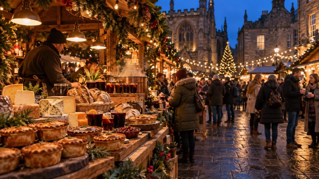 Yorkshire Christmas market food stall with artisan pies, cheese, bread and festive drinks at dusk
