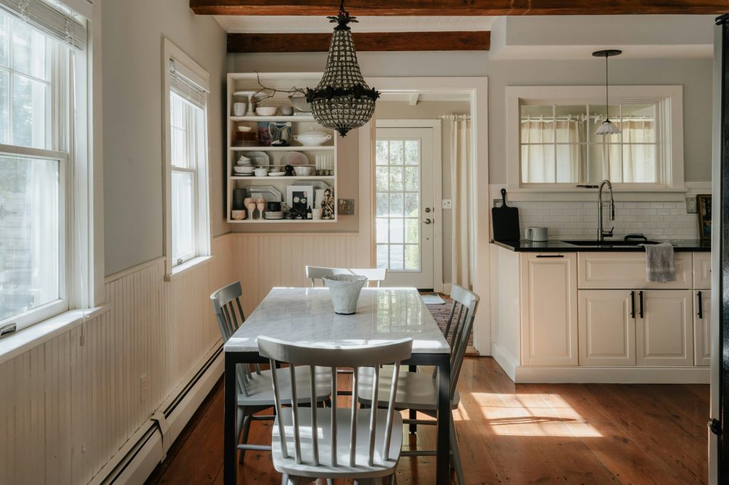Modern Yorkshire farmhouse kitchen with a rustic dining table and original wooden features