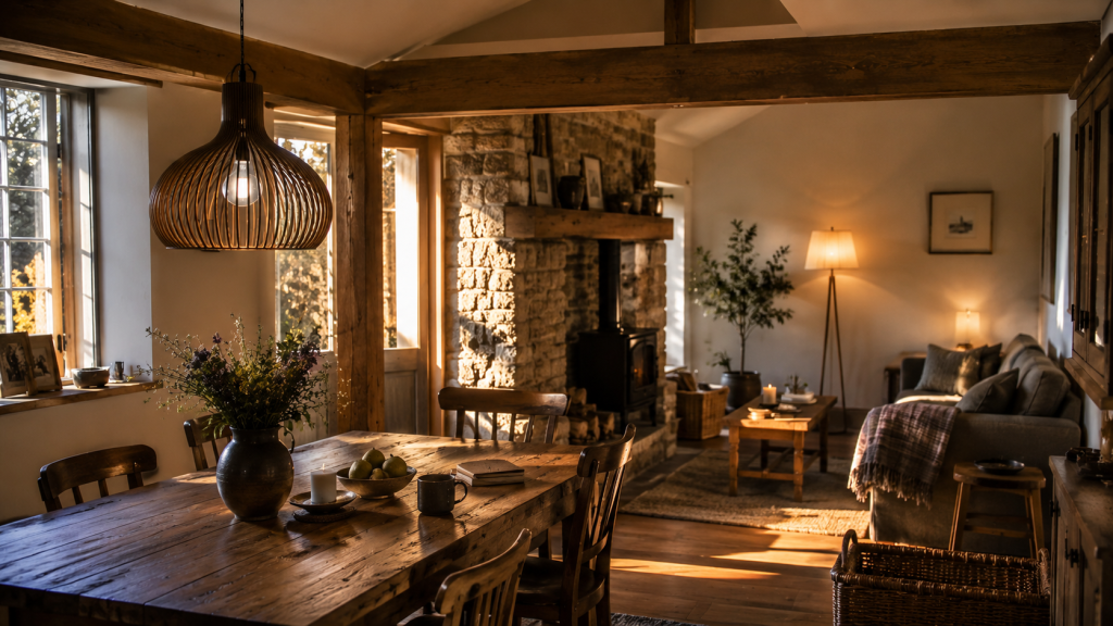 Warm cottage interior showing thoughtful lighting details