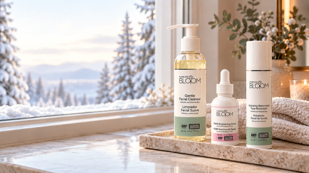 Flawless Bloom cleanser, brightening serum and moisturiser beside a snowy window