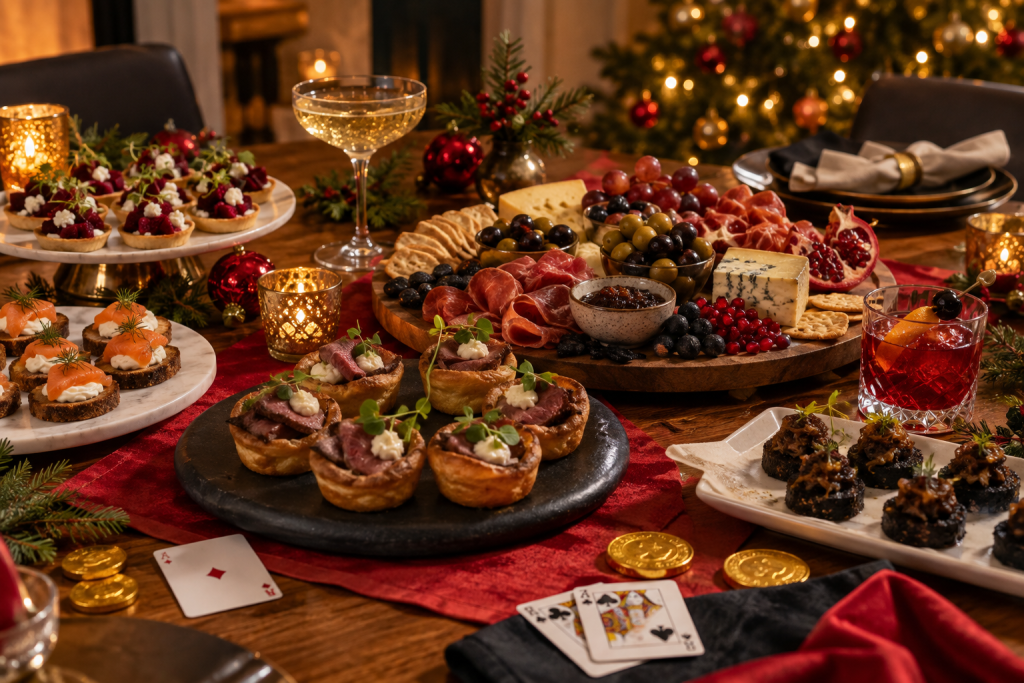 Casino-themed Christmas party buffet with Yorkshire puddings, canapés and festive drinks