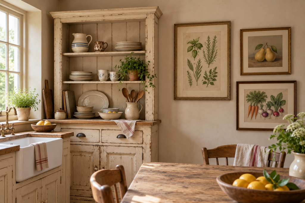 Framed botanical, pear and vegetable prints beside a cream dresser in a farmhouse kitchen