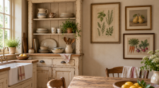 Framed botanical, pear and vegetable prints beside a cream dresser in a farmhouse kitchen