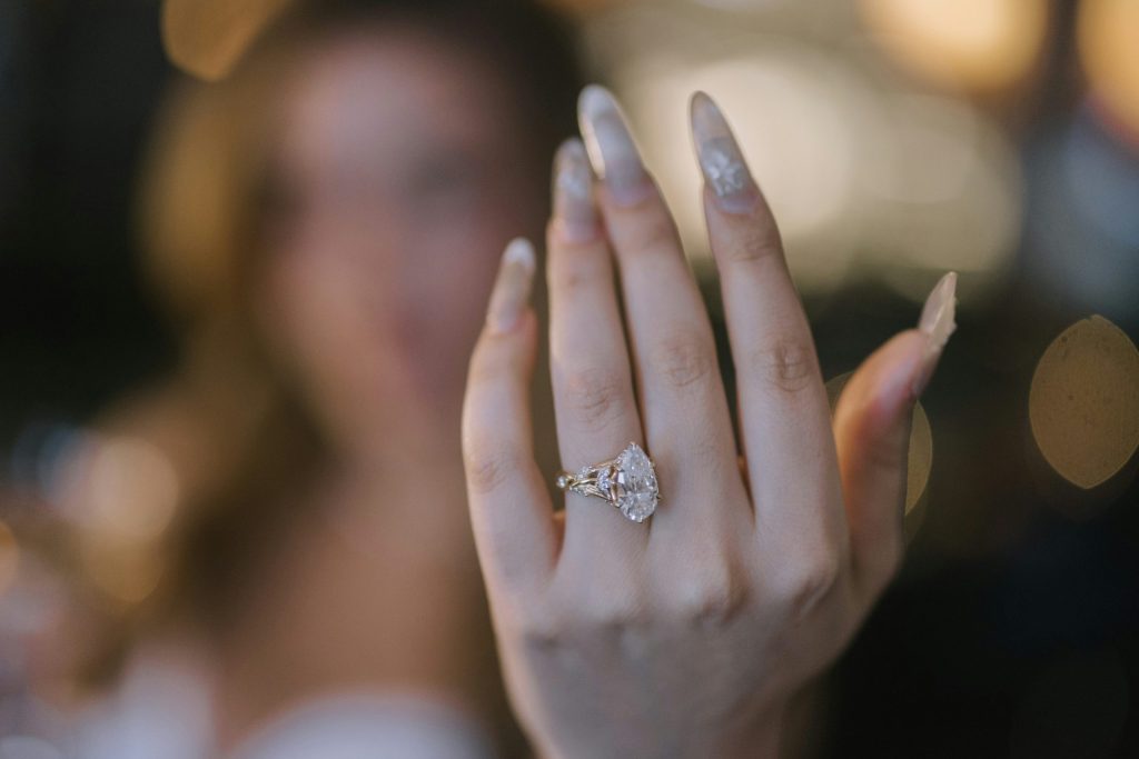 Close-up of a diamond engagement ring on a woman's hand