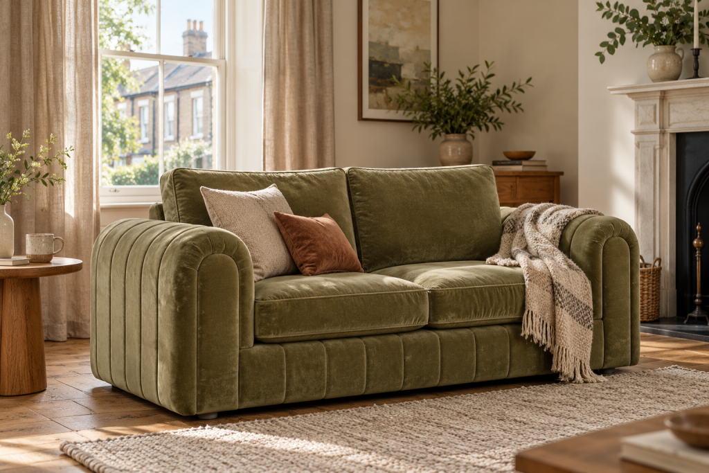 AI-generated illustration of an olive-green velvet two-seater sofa in a sunlit living room