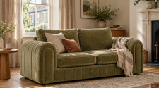 AI-generated illustration of an olive-green velvet two-seater sofa in a sunlit living room