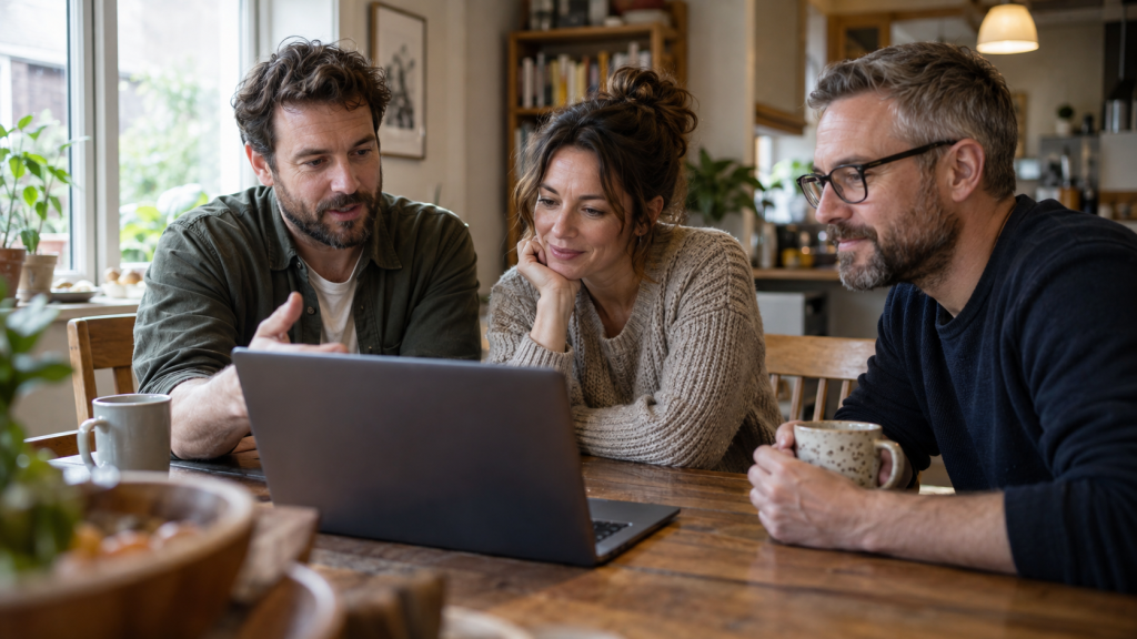 Three adults gathered around a laptop at a wooden table in a naturally lit home.