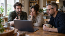 Three adults gathered around a laptop at a wooden table in a naturally lit home.