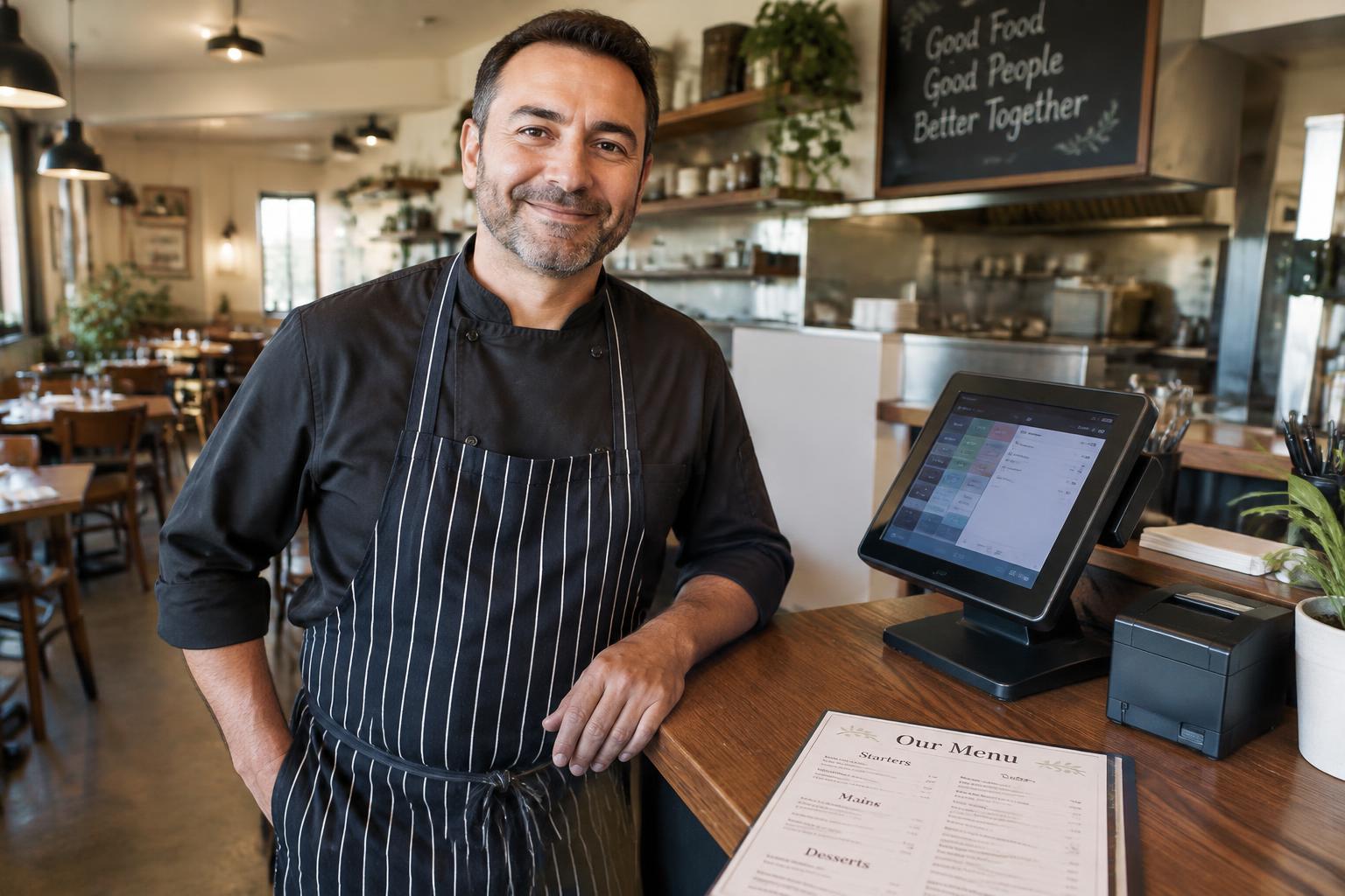 Man in a striped apron beside a touchscreen POS terminal and receipt printer in a restaurant