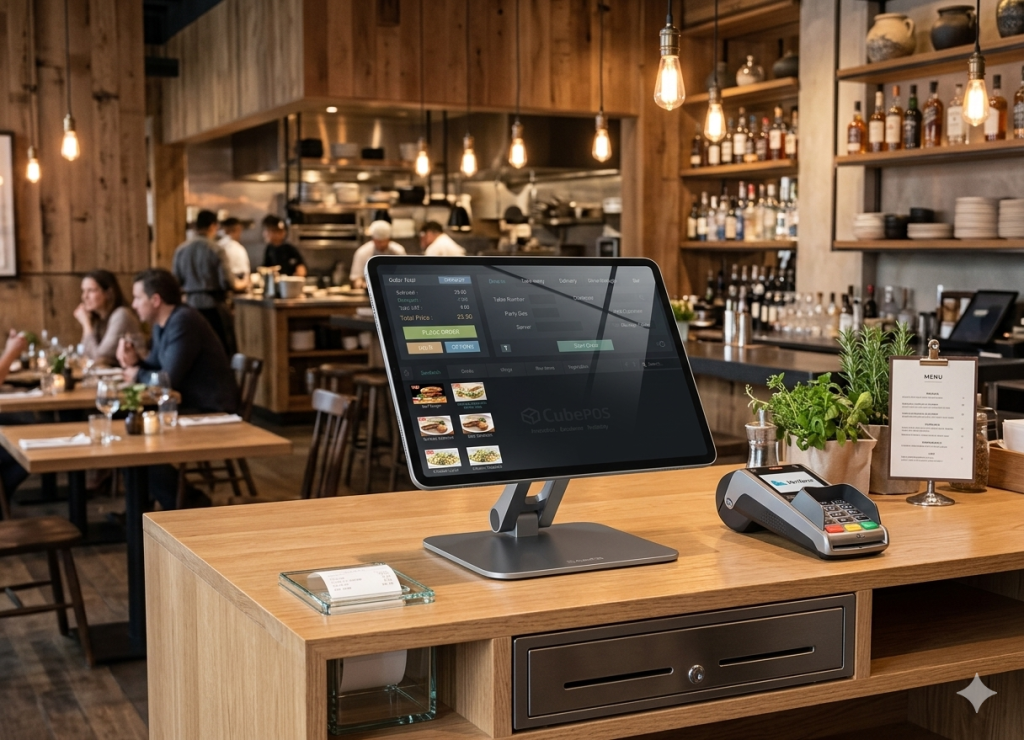 Touchscreen POS terminal and card reader on a wooden restaurant counter