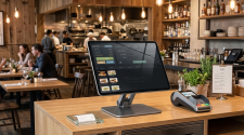 Touchscreen POS terminal and card reader on a wooden restaurant counter