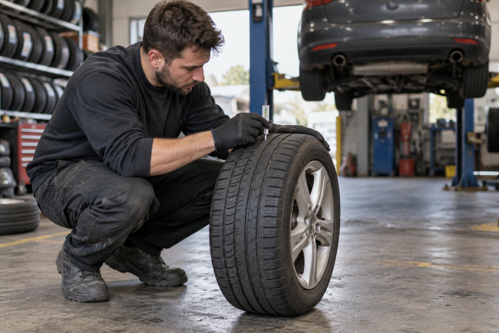 Tyre technician checking tread depth on a car wheel in a garage workshop