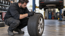 Tyre technician checking tread depth on a car wheel in a garage workshop
