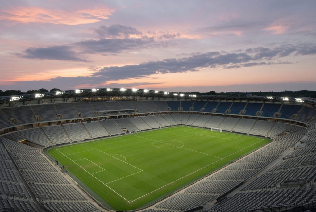An empty floodlit football stadium at dusk, with a green pitch and grey and blue seats under a soft evening sky.